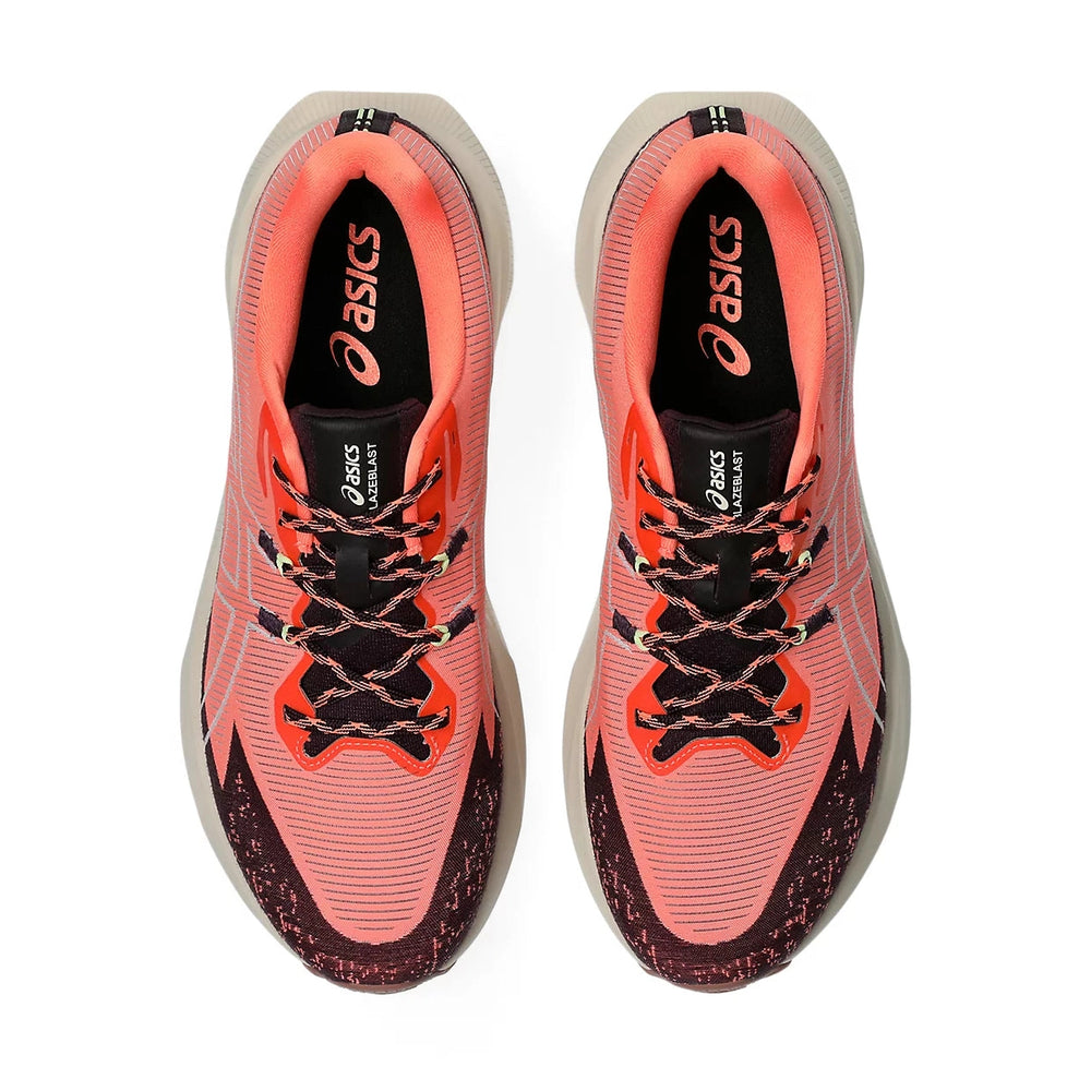 Blazeblast a men's pair of Asics running shoes in a coral pink and black colorway, shown from a top-down view on a white background.