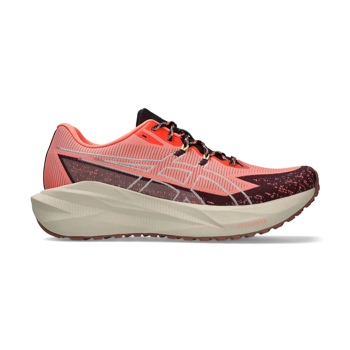 Blazeblast a men's athletic running shoe shown in profile against a plain white background. The upper is primarily a bright coral pink with dark burgundy speckled overlays and black laces, while the thick midsole is a warm off-white/cream.