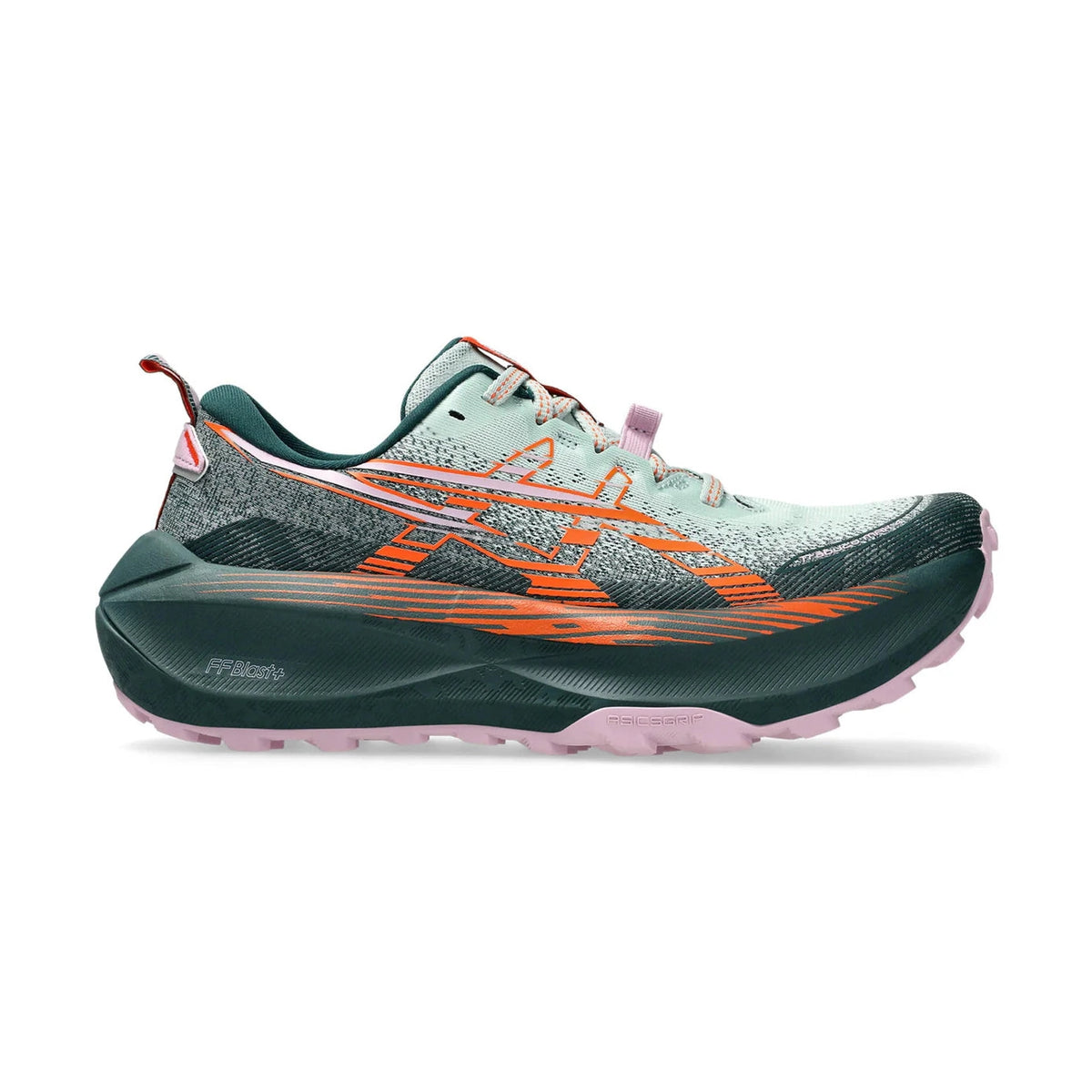 A Trabuco Max 4 running shoe shown in a side profile on a white background. The shoe features a light mint green and gray patterned upper, a dark forest green midsole, and bright orange graphic accents, with a light pink outsole.
