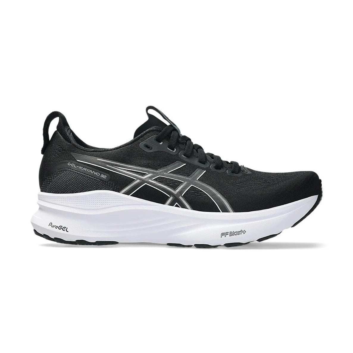 Black Gel-Kayano 32 running shoe with white sole on a white background.