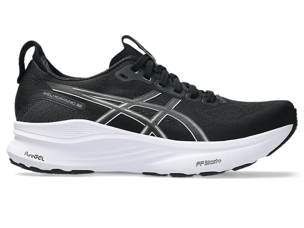 Black Gel-Kayano 32 running shoe with white sole on a white background.