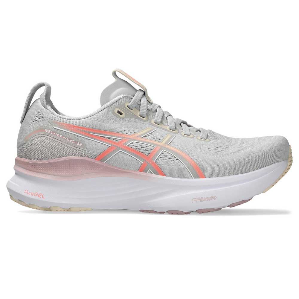 A light gray ASICS Gel-Kayano 32 running shoe with coral pink and orange accents, a white midsole, and a beige outsole, shown in a side profile on a white background.