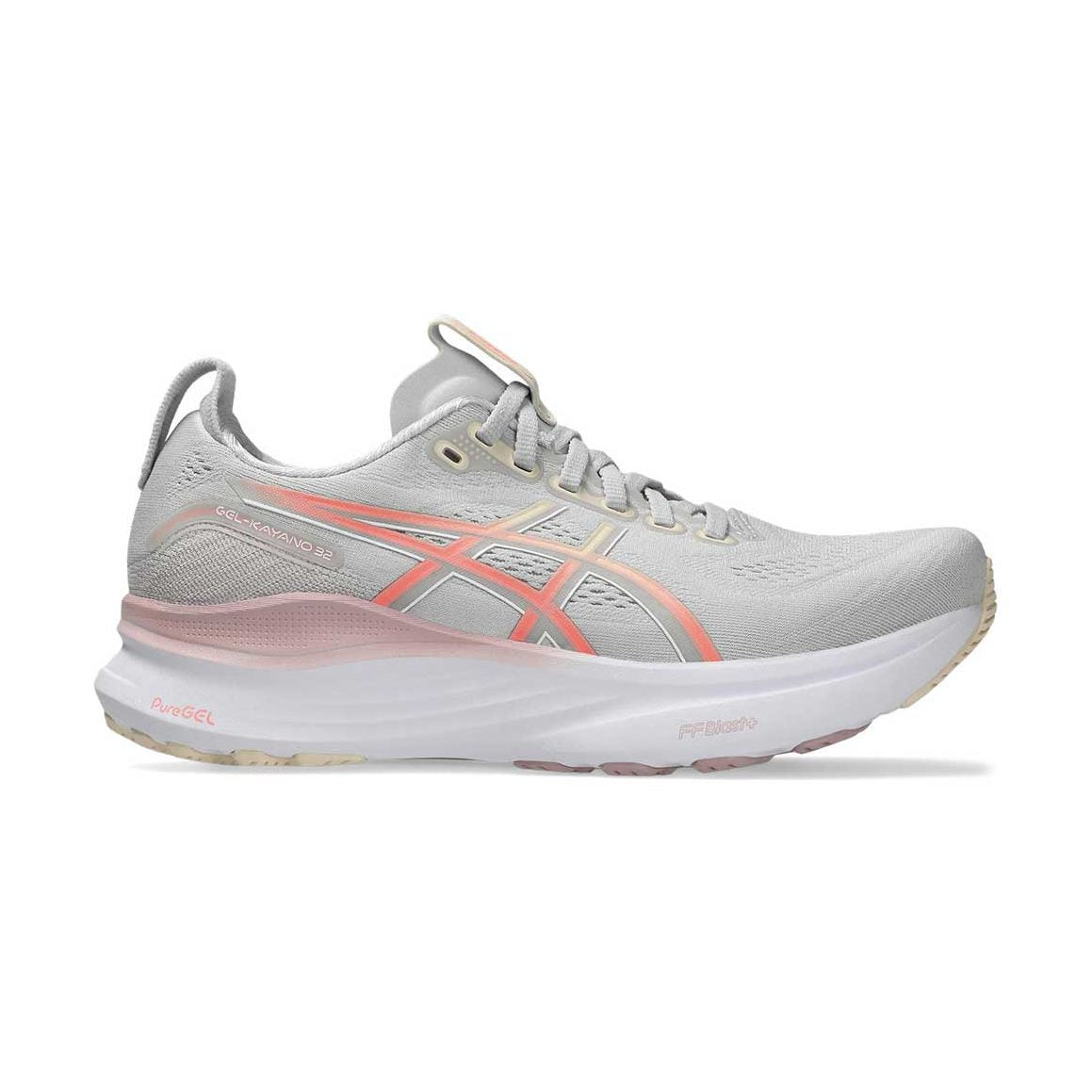 A light gray ASICS Gel-Kayano 32 running shoe with coral pink and orange accents, a white midsole, and a beige outsole, shown in a side profile on a white background.