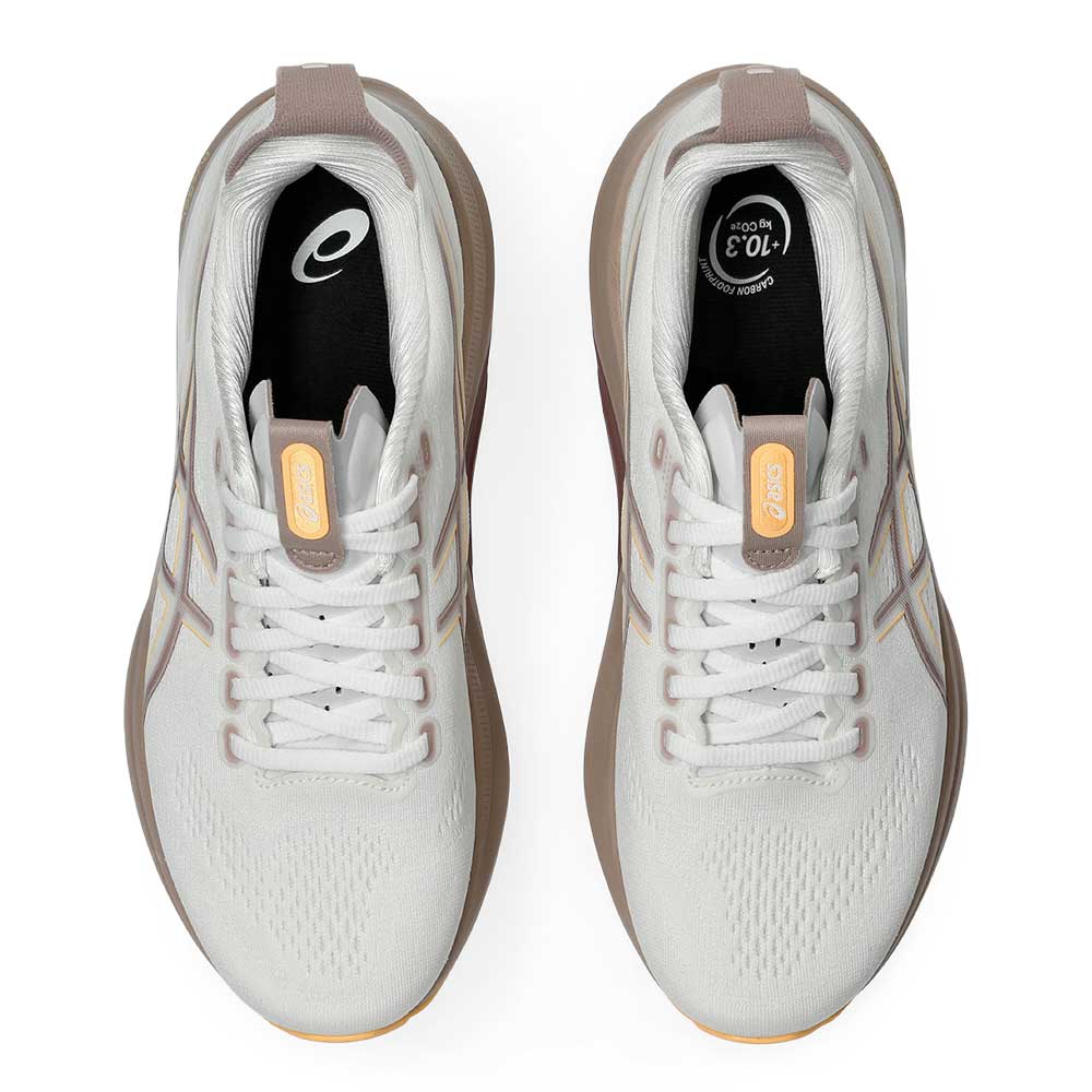 A pair of ASICS Gel-Kayano 32  running shoes shown from a top-down view on a clean white background. The shoes feature a light gray and white mesh upper with taupe accents, white laces, and a small yellow accent tab near the laces.