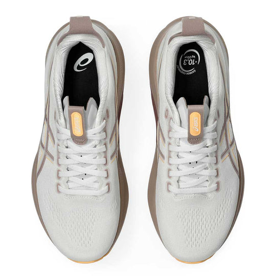 A pair of ASICS Gel-Kayano 32  running shoes shown from a top-down view on a clean white background. The shoes feature a light gray and white mesh upper with taupe accents, white laces, and a small yellow accent tab near the laces.
