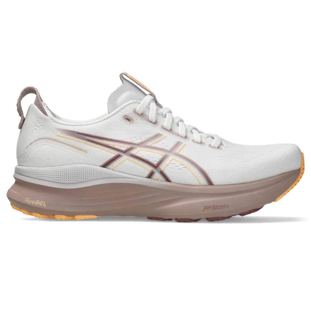 White Gel-Kayano 32 running shoe with brown accents on a white background