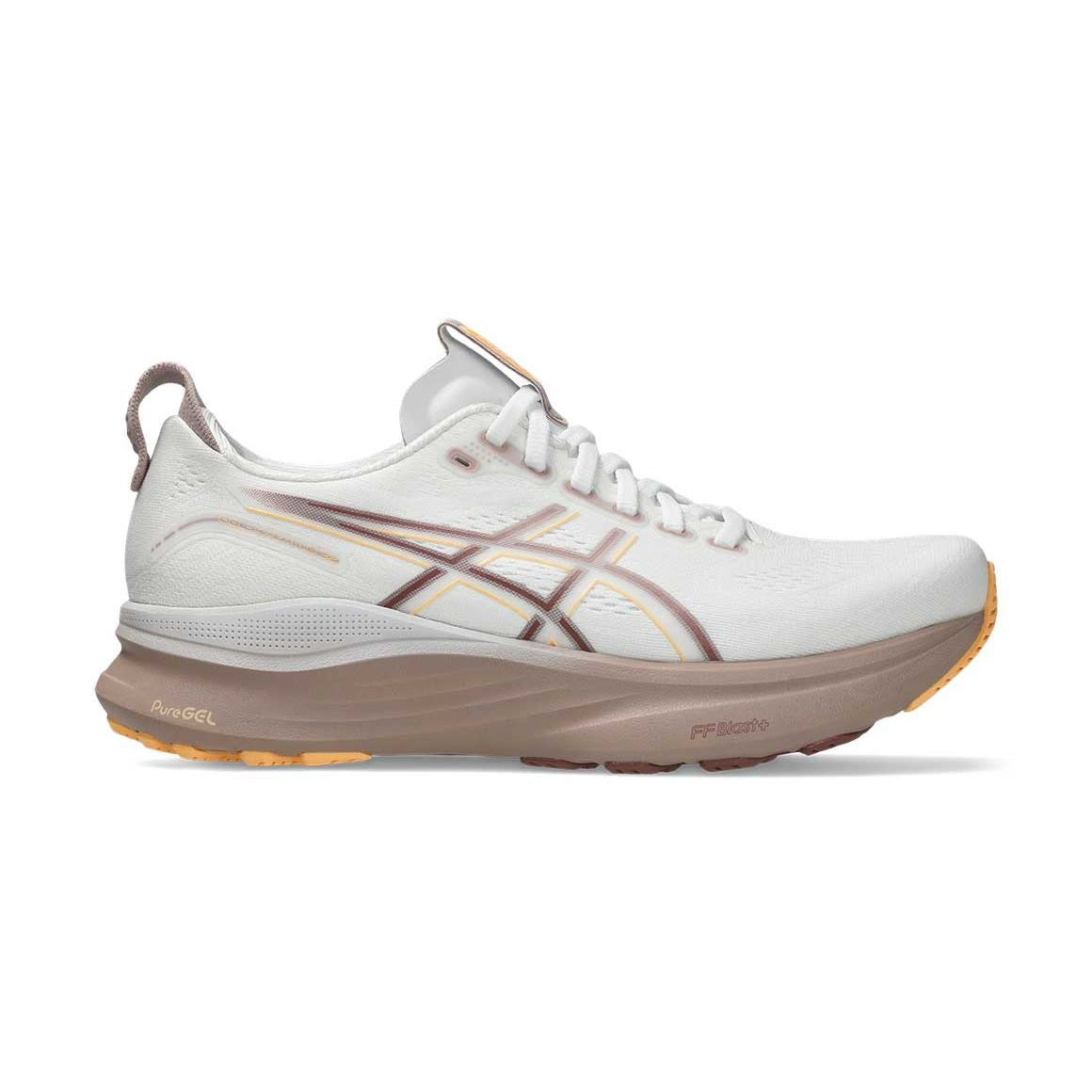 White Gel-Kayano 32 running shoe with brown accents on a white background