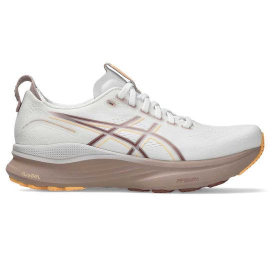White Gel-Kayano 32 running shoe with brown accents on a white background