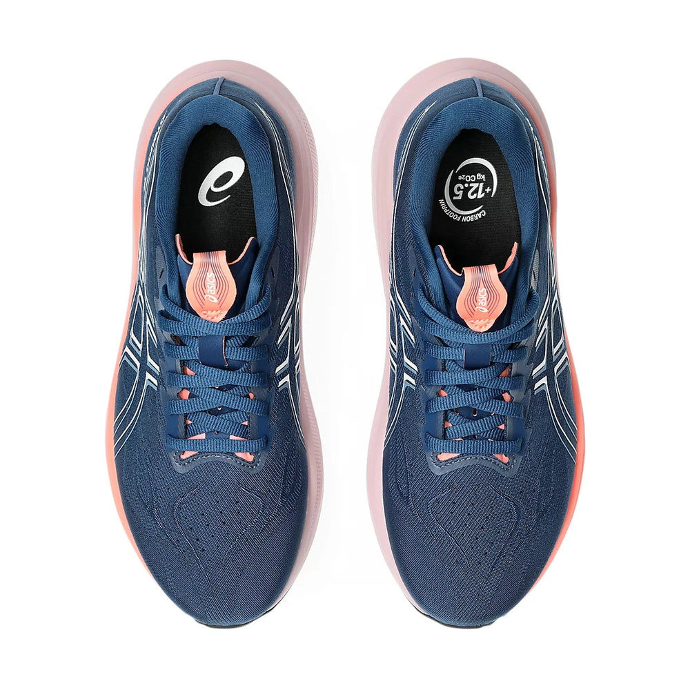 A pair of ASICS Gt-2000 14 running shoes shown from a top-down view on a solid white background. The shoes feature a navy blue mesh upper with light blue and white stripe accents, a black collar, and a pink pull tab and midsole accent.