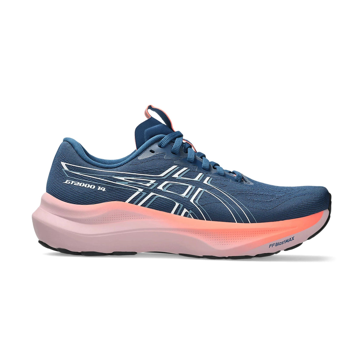 A single ASICS Gt-2000 14 running shoe in navy blue with white stripe details, a light pink midsole, and a coral-pink outsole, shown from the side on a white background.