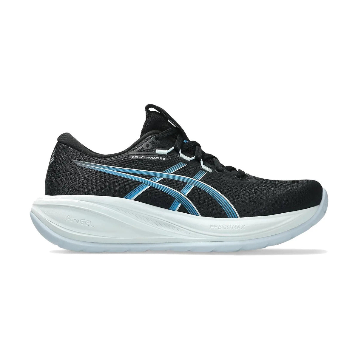 A black Asics Cumulus running shoe with light blue and white accents, shown in a side profile on a white background.