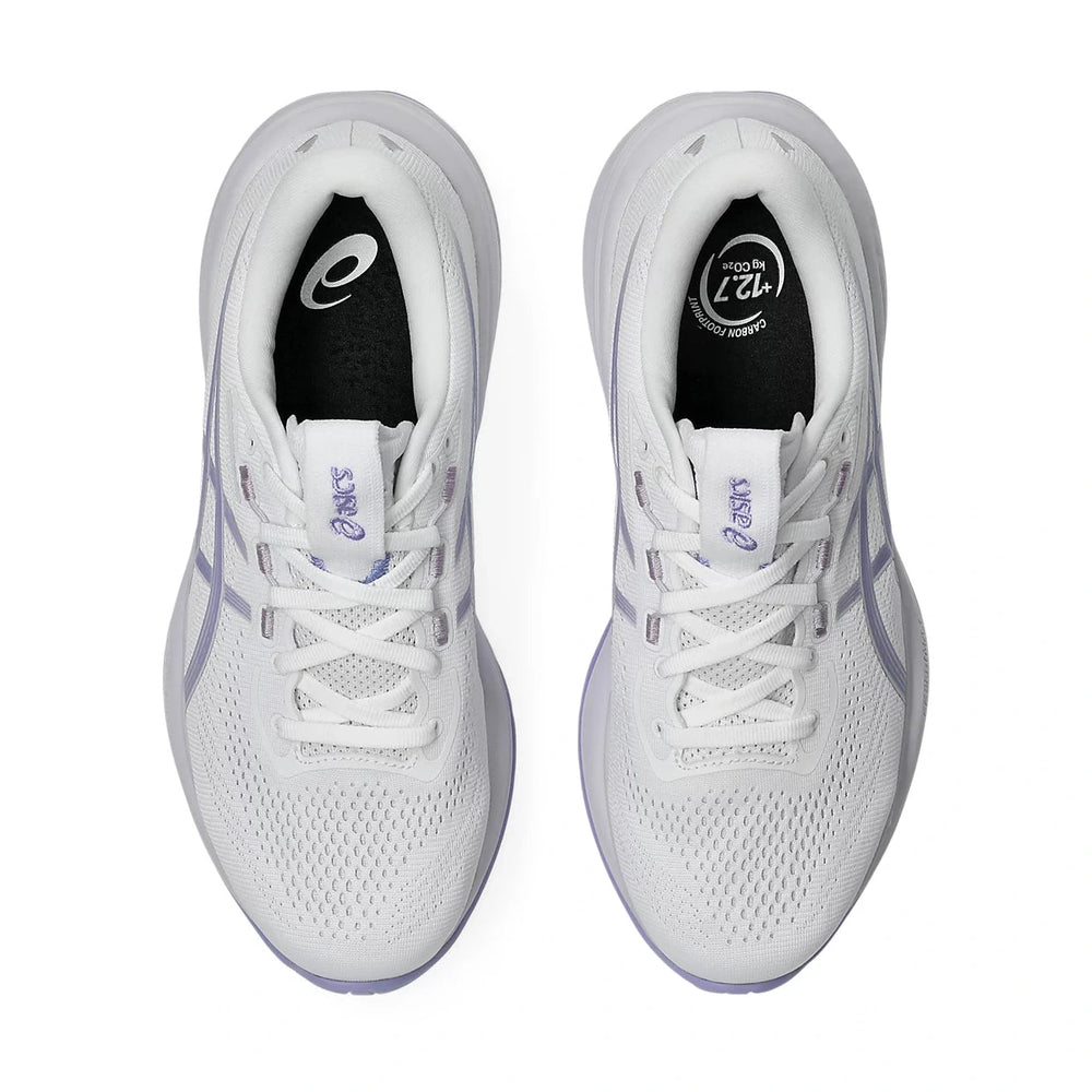 A pair of ASICS Cumulus running shoes shown from a top-down view, featuring a white mesh upper with light purple side stripes and a black interior lining.