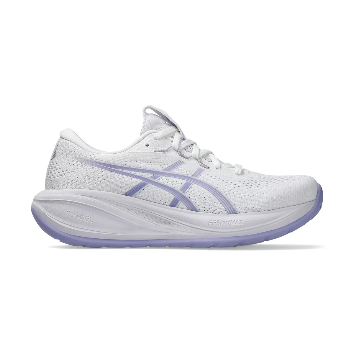 A white Asics Cumulus running shoe with light purple accents on the side stripes and outsole, shown in a side profile view against a white background.