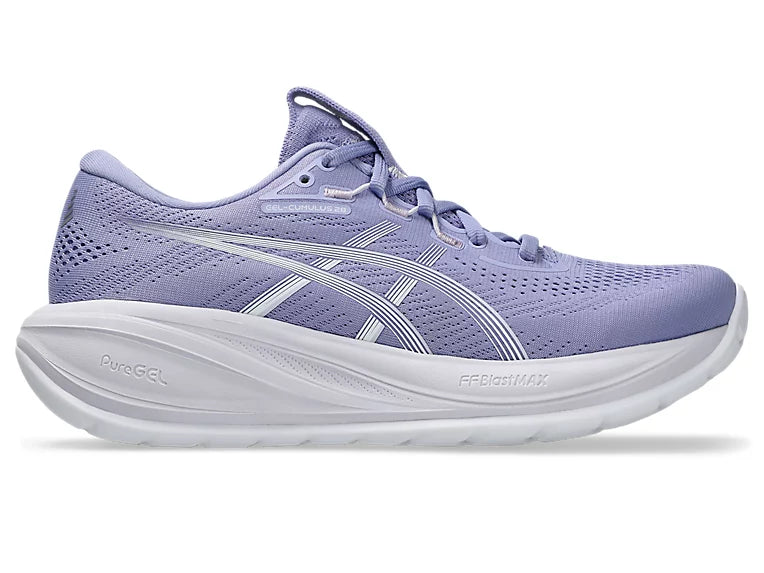 Purple Asics Cumulus 28 running shoe with white sole on a white background