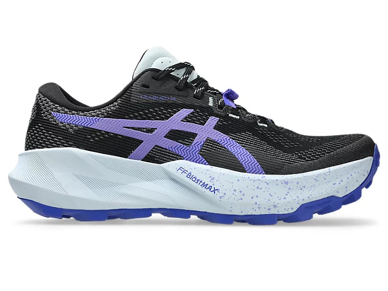 Black and purple Trabuco 14 running shoe with white sole on a white background.