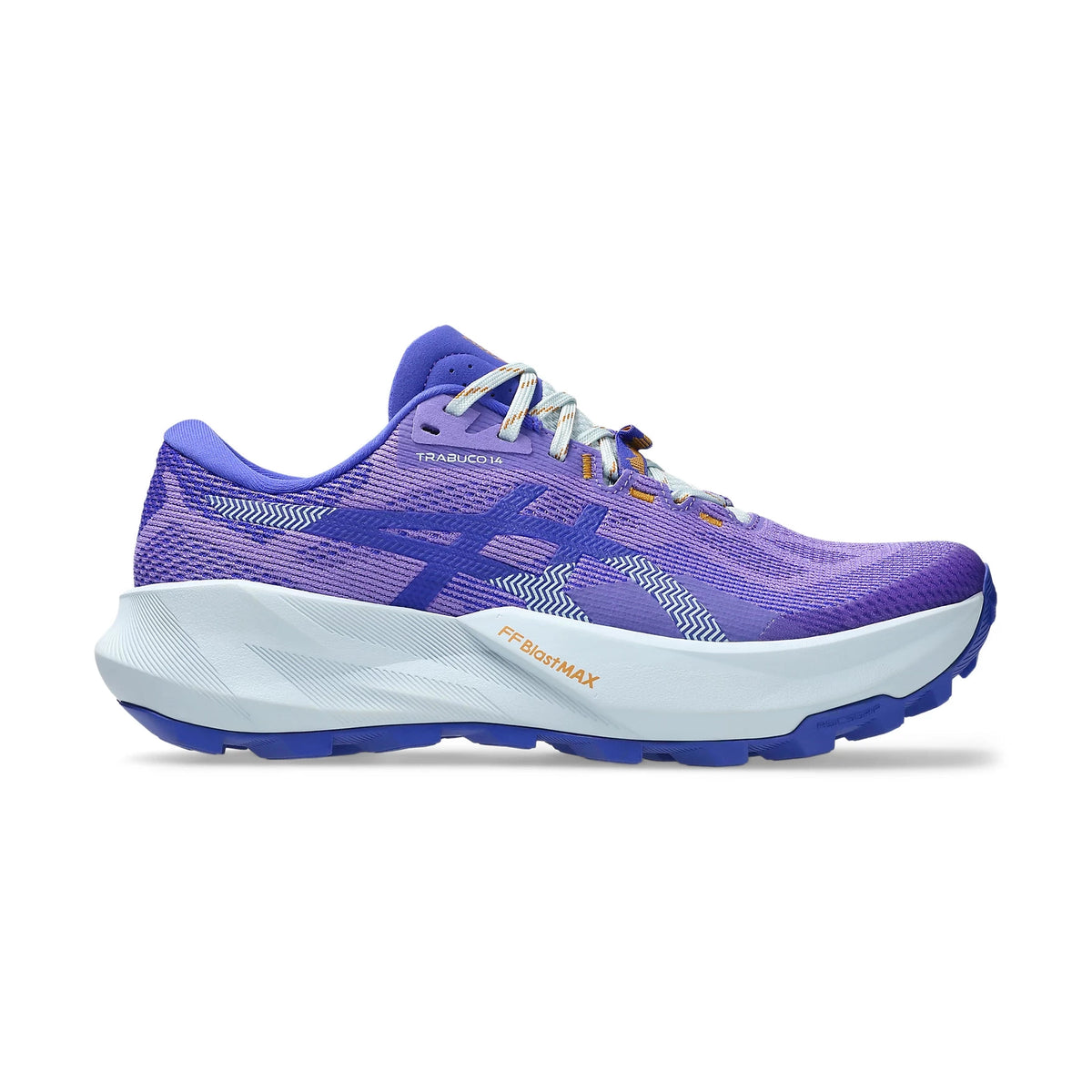 A single ASICS Trabuco 14 running shoe in purple and white, shown from the side against a plain white background. The shoe features a purple mesh upper with a blue ASICS logo, a thick white midsole, and a blue outsole.