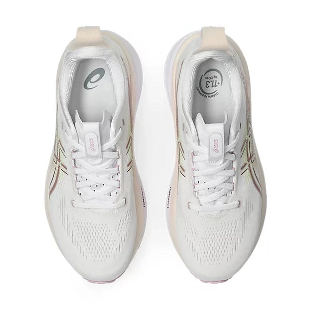 White Gel-Kayano 33 running shoes with a subtle design on a light gray background.