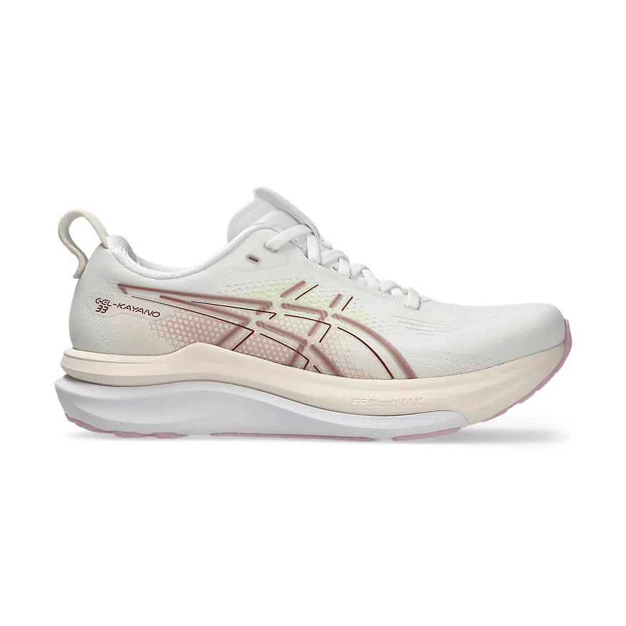 A single ASICS Gel-Kayano 33 running shoe in white with dusty rose and beige accents, shown in a side profile on a clean white background.