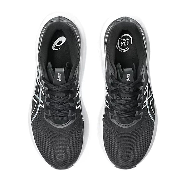 A pair of ASICS GT-2000 15 running shoes in black and white, shown from a top-down view on a solid white background.