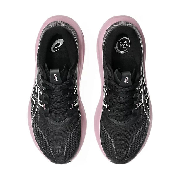 A pair of ASICS GT-2000 15 running shoes shown from a top-down view, featuring a black mesh upper with white logo details and a light pink sole.