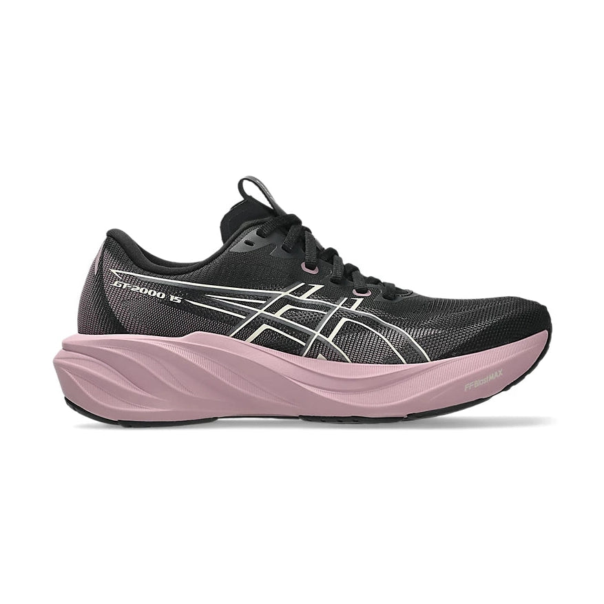 A single ASICS GT-2000 15 running shoe in black and dusty pink, shown from the side against a plain white background.
