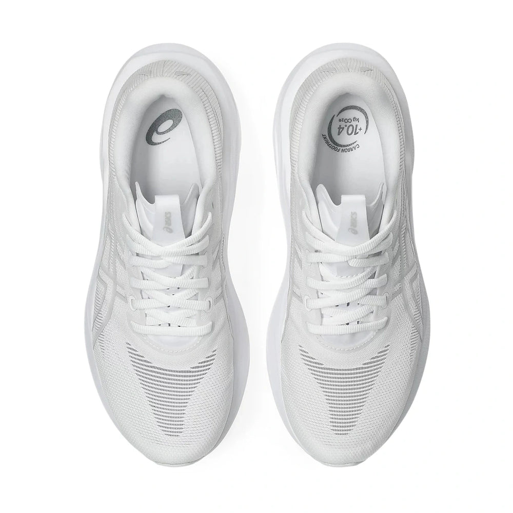A pair of white aGT-2000 15 athletic sneakers shown from a top-down view on a clean white background. The left shoe displays the ASICS logo on the inner sole.