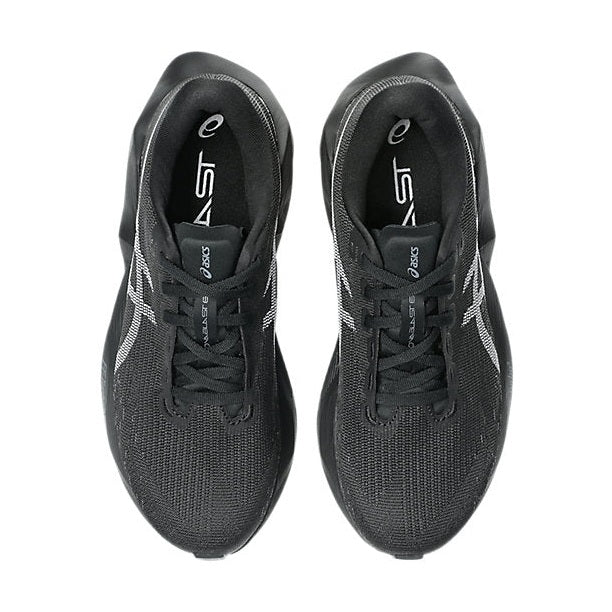 Novablast 6 a women's pair of black Asics running shoes shown from a top-down view on a plain white background.