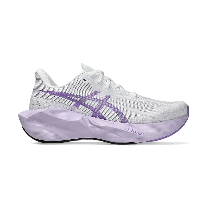 Novablast 6 a women's white and purple running shoe with Asics logo on a white background.