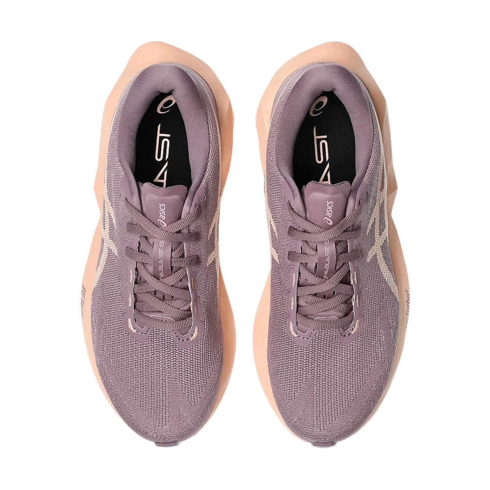 Novablast 6 a women's pair of Asics running shoes in a dusty mauve-purple colorway, shown from a top-down view on a solid white background.