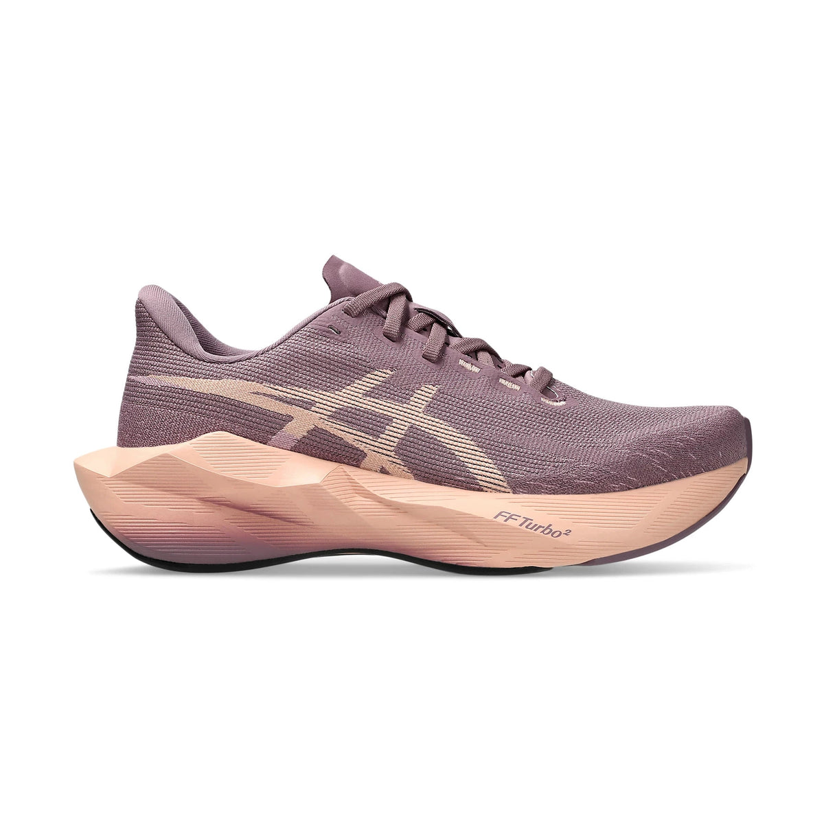 Novablast 6 a women's ASICS running shoe in a dusty mauve-purple colorway, featuring a textured knit upper, matching purple laces, a sculpted peach-pink midsole, and a black outsole, shown against a plain white background.