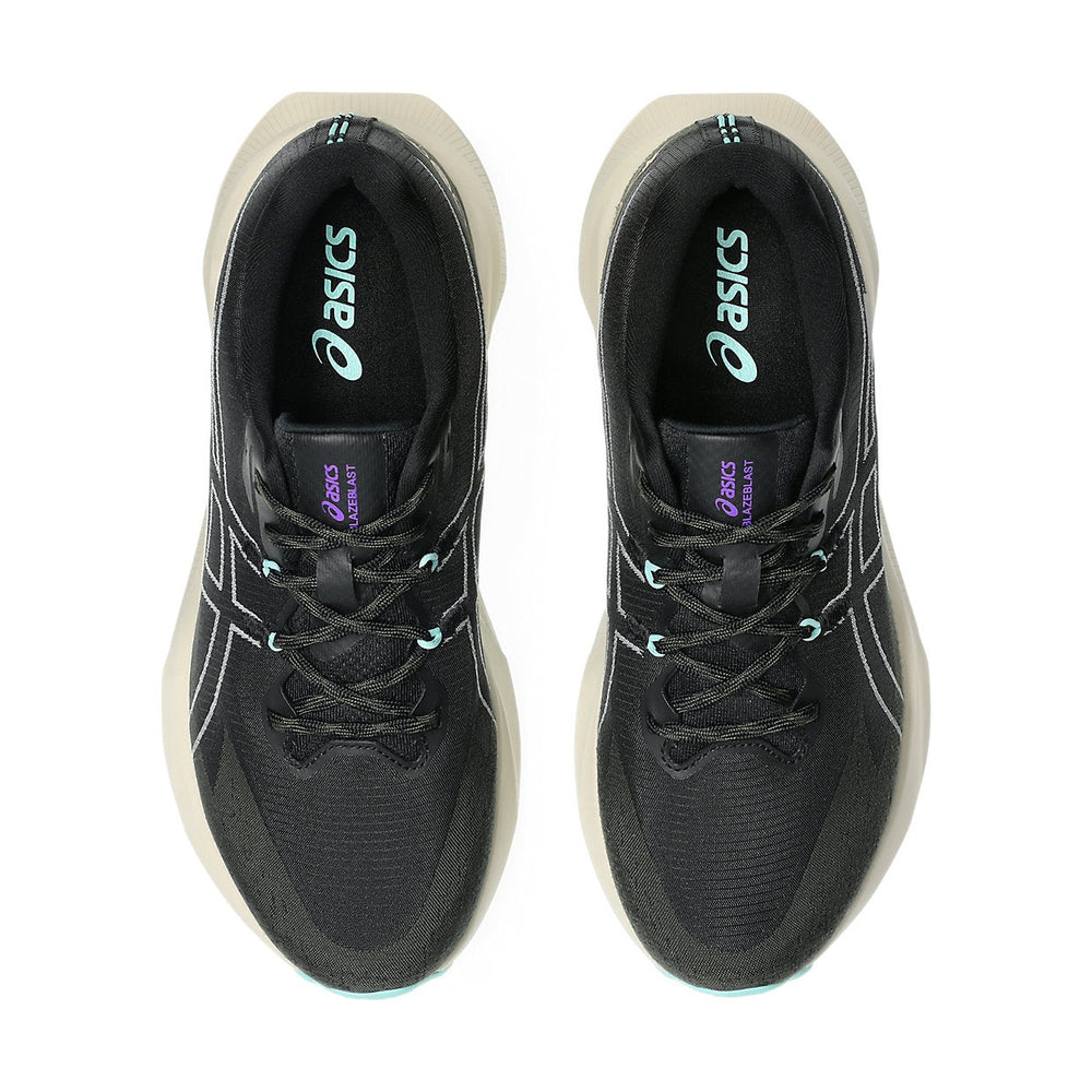 Blazeblast a women's pair of ASICS running shoes in black with light blue and purple accents, shown from a top-down view on a white background.