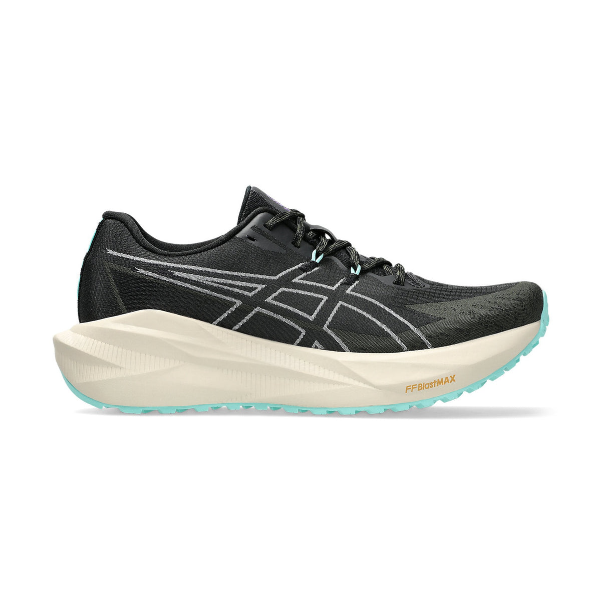 Blazeblast a women's black Asics running shoe with a thick cream-colored midsole and light blue accents on the outsole and laces, shown from a side profile on a white background.