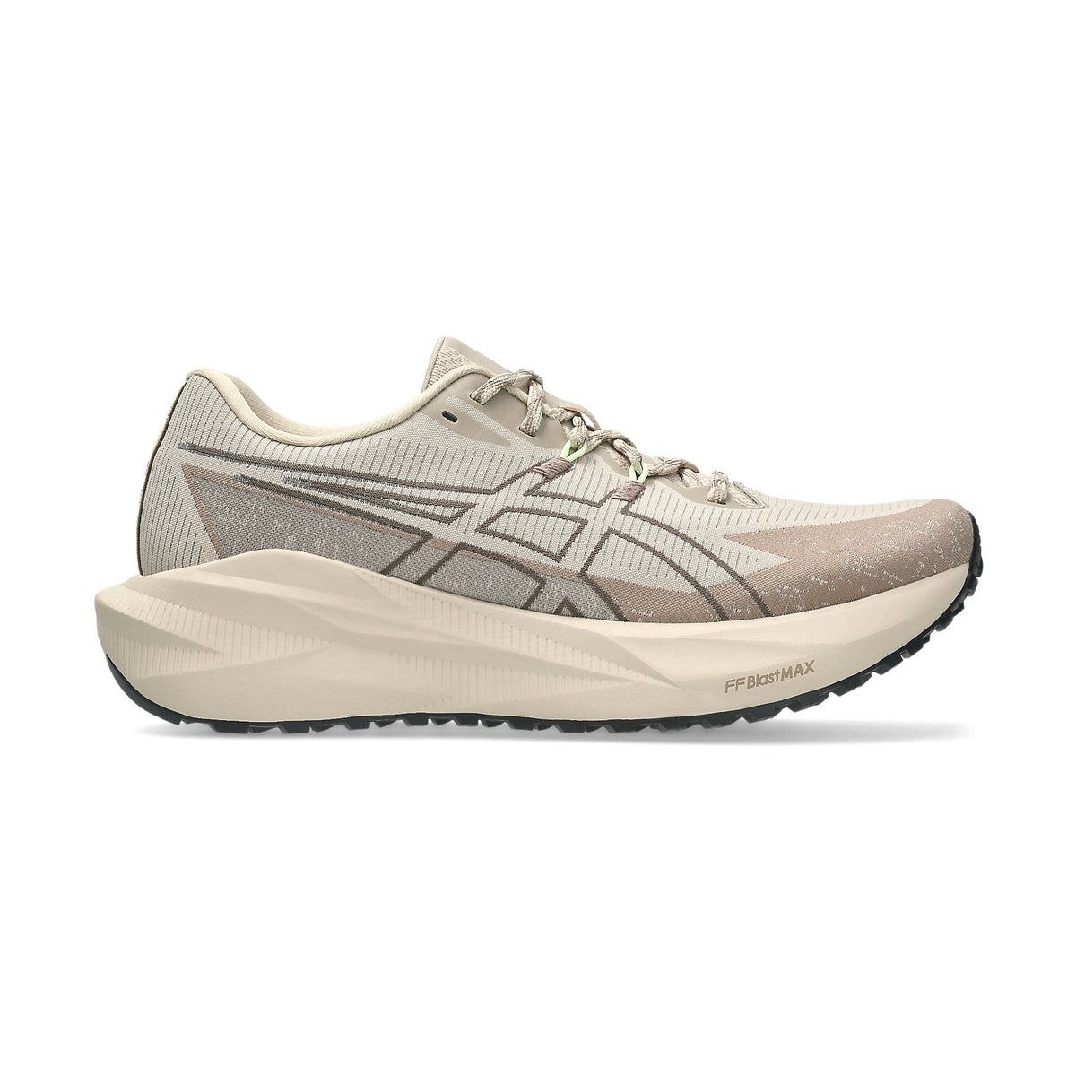 Blazeblast a women's ASICS running shoe in a light beige and taupe colorway, shown in a side profile on a clean white background. The shoe features a textured knit upper, a thick cushioned midsole, and the signature ASICS stripe design on the side.