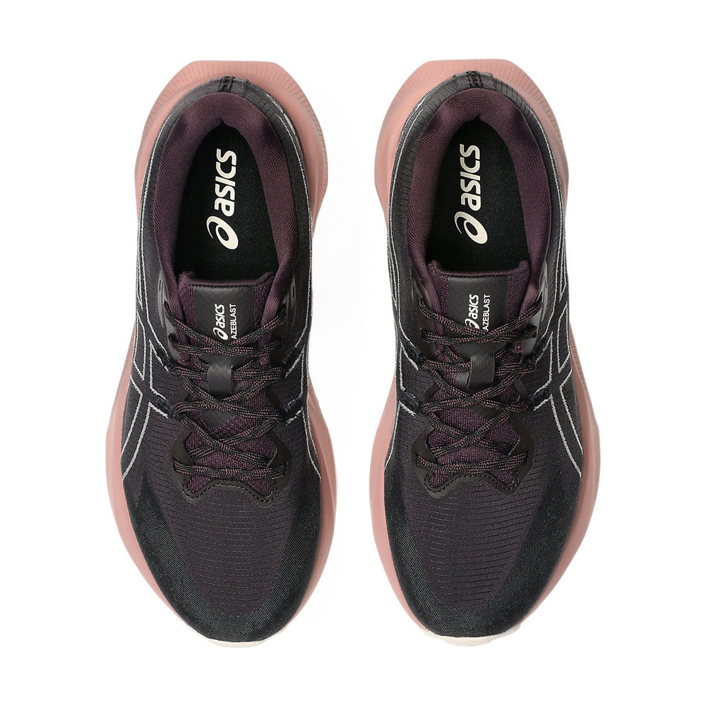 Blazeblast a women's pair of ASICS running shoes shown from a top-down view, featuring a dark charcoal gray and deep plum mesh upper with a dusty pink midsole and lining.