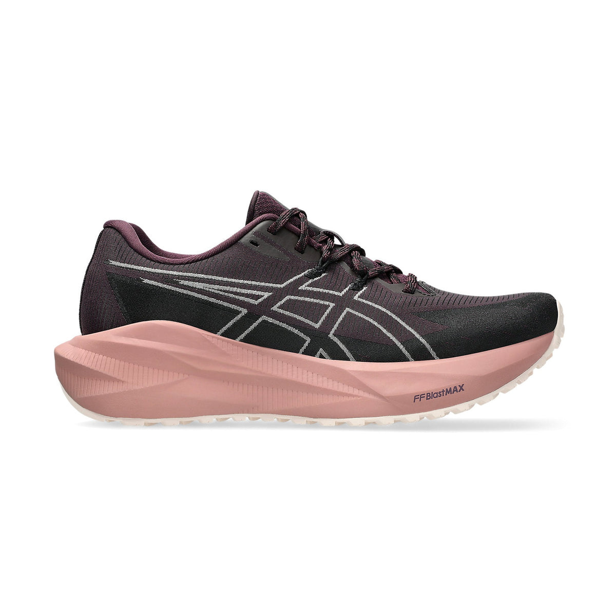 Blazeblast a women's ASICS running shoe shown in profile against a solid white background. The shoe features a dark plum and black upper with a prominent dusty pink midsole and white logo accents.