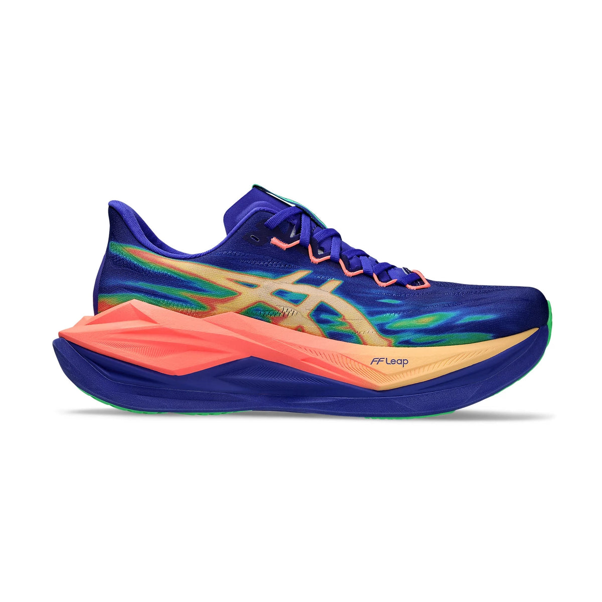 A single ASICS Superblast running shoe in a vibrant blue and purple colorway with gold, green, and orange accents, shown from a side profile on a white background.