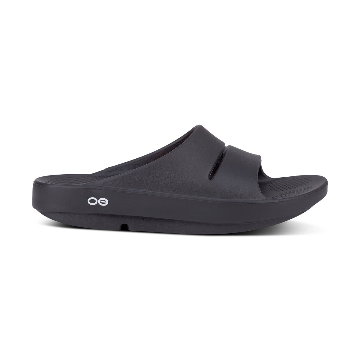 Black OOfos OOahh sandal on a white background