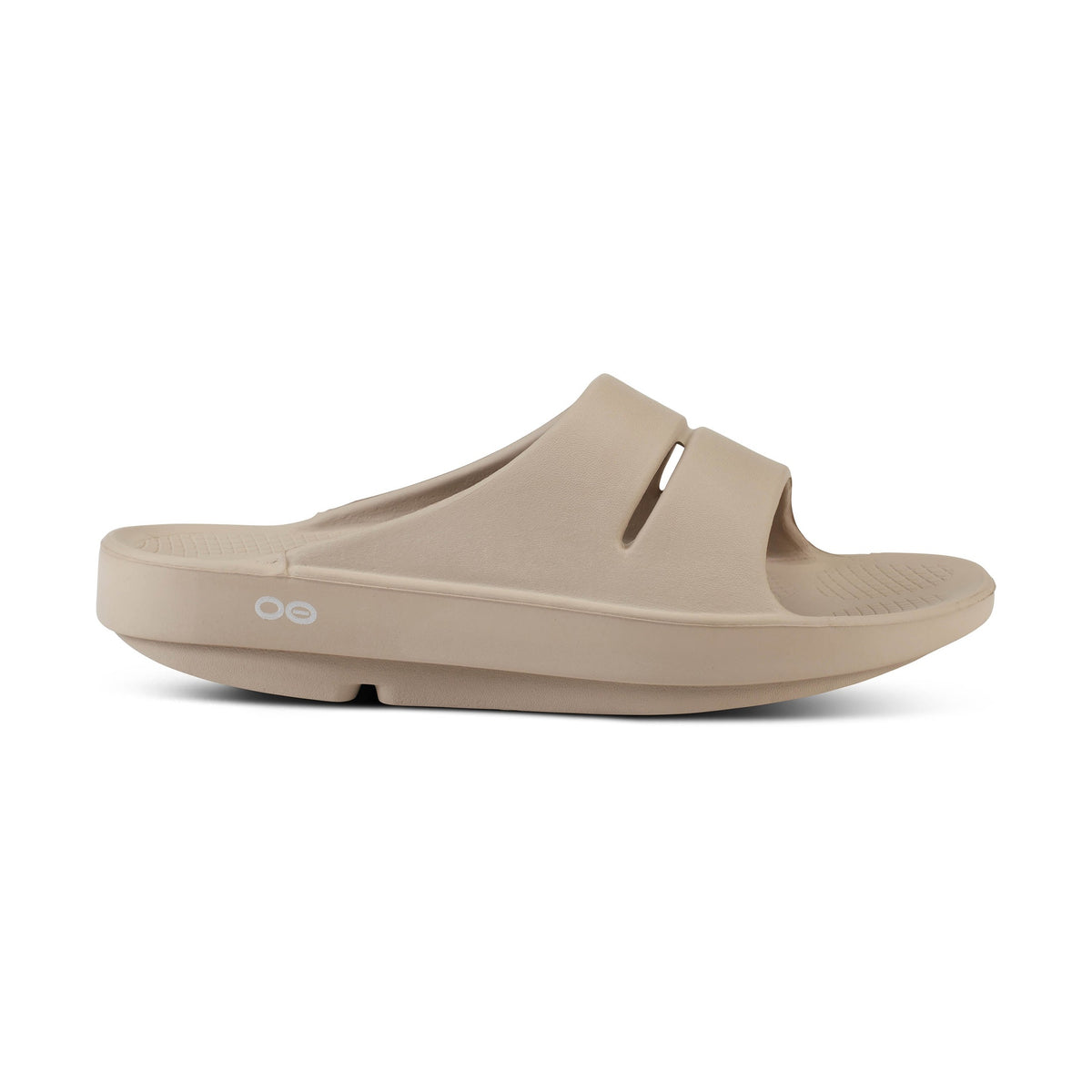Beige OOfos OOahh sandal on a white background
