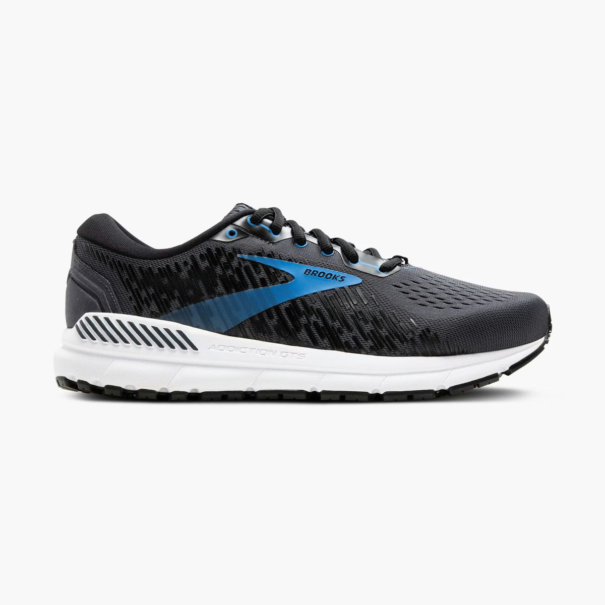Brooks Addiction Gts 15 – Men's  running shoe in black and blue with a white midsole, shown in a side profile on a light gray background.