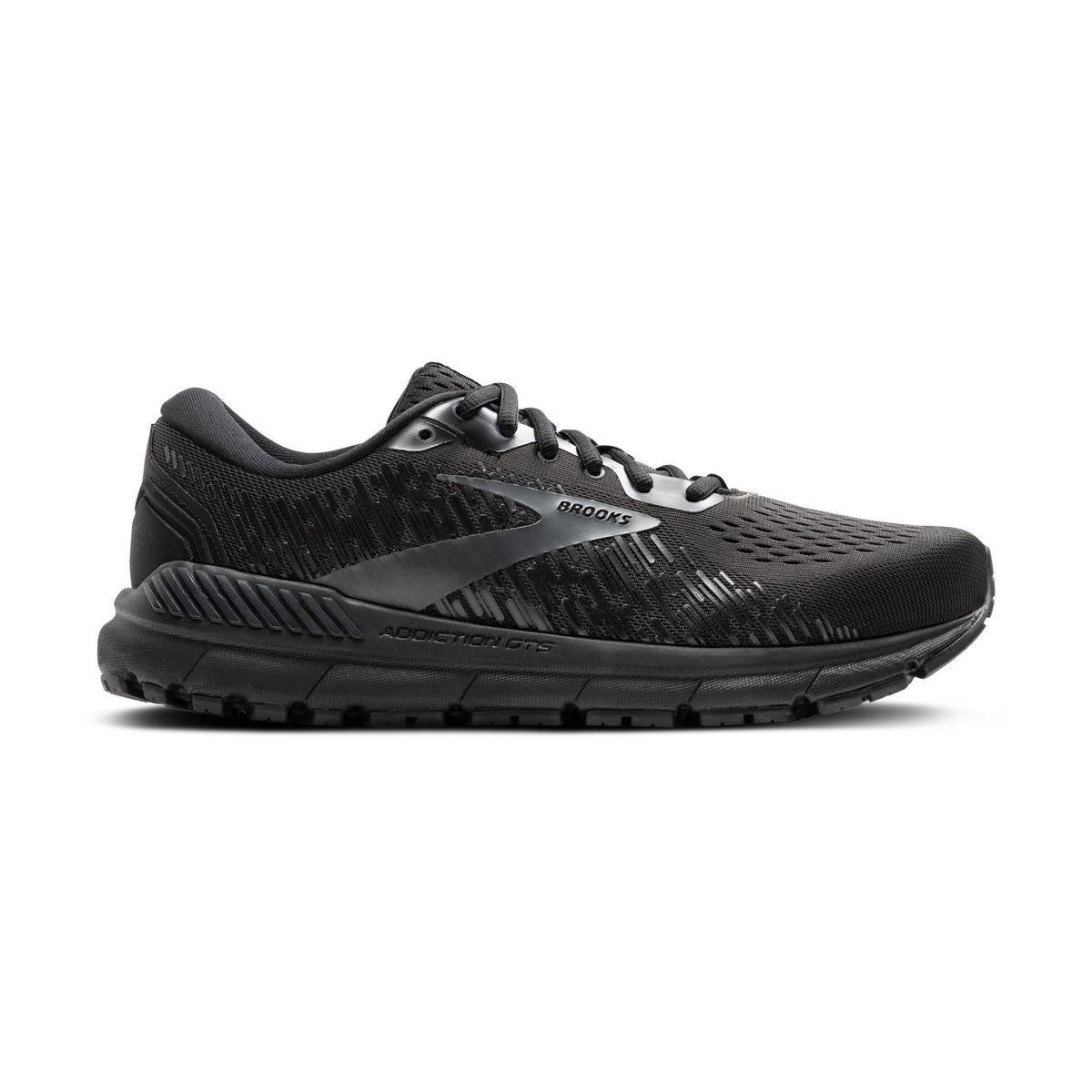 Blck on blcak Brooks Addiction Gts 15  Men's sneaker with Nike logo on a white background.