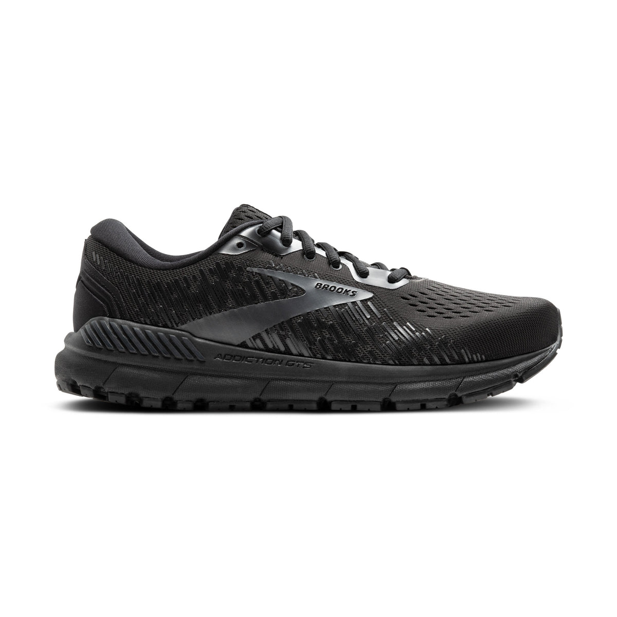 Blck on blcak Brooks Addiction Gts 15  Men's sneaker with Nike logo on a white background.
