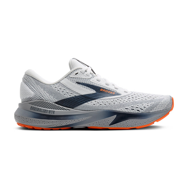 White and gray Brooks Adrenaline Gts 24 – Men's running shoe with orange sole on a white background