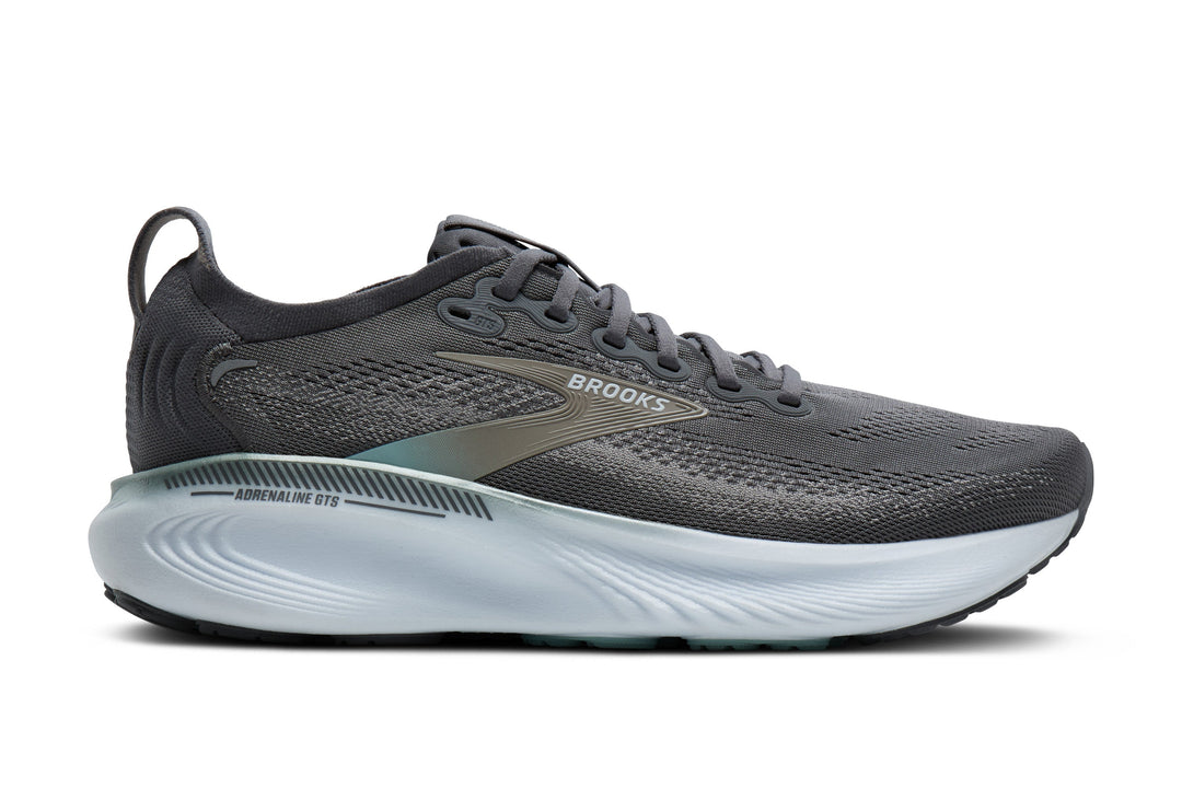 Black Brooks Adrenaline GTS 25 running shoe with white sole on a white background