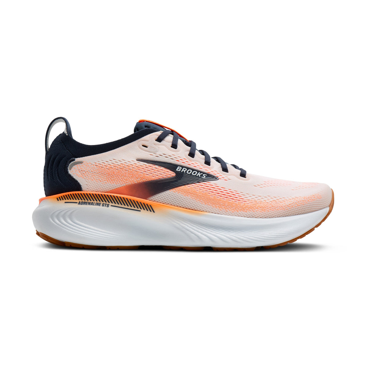 Brooks Men's Adrenaline GTS 25 running shoe in a light peach-pink mesh with a white midsole, orange accents, and a dark navy collar, shown in a side profile on a white background.