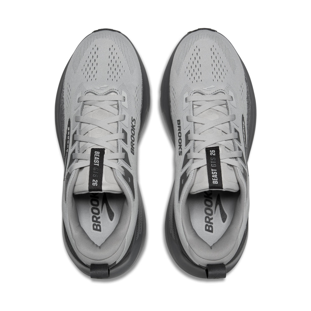 A pair of Brooks Beast Gts 24 – Men's running shoes shown from a top-down view, featuring a light gray and white mesh upper with dark gray accents and black branding.