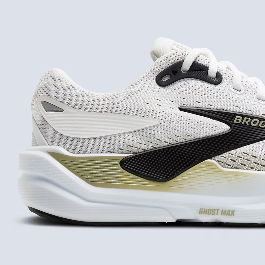 White Brooks Mens Ghost Max 3  running shoe with black accents on a light gray background