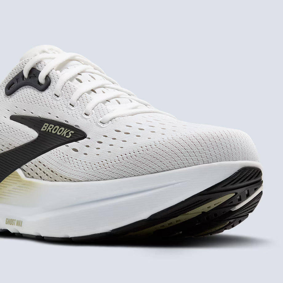 White Brooks Mens Ghost Max 3 running shoe with black accents and 'Brooks' branding on a light gray background