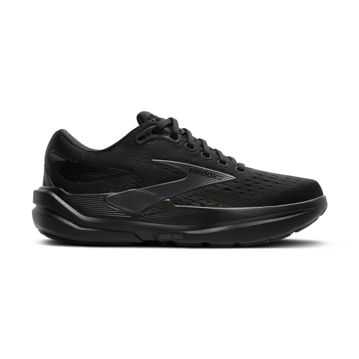 A black Brooks Ghost Max 3 Men's featuring a textured mesh upper, black laces, and clear turf studs, shown against a light gray background.