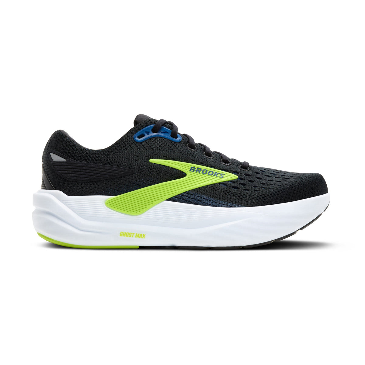 Black Brooks Ghost Max 3 – Men's running shoe with green accents on a gray background