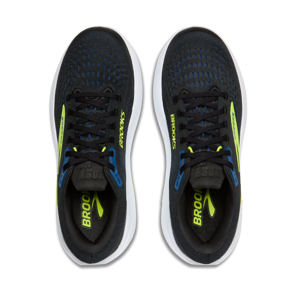 A pair of Brooks Ghost Max 3 – Men's running shoes shown from a top-down view. The shoes feature a black mesh upper with blue accents, black laces, a white midsole, and bright neon yellow-green branding and side stripes.